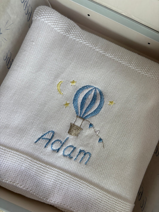 Blue Hot Air Balloon Personalised Baby Blanket