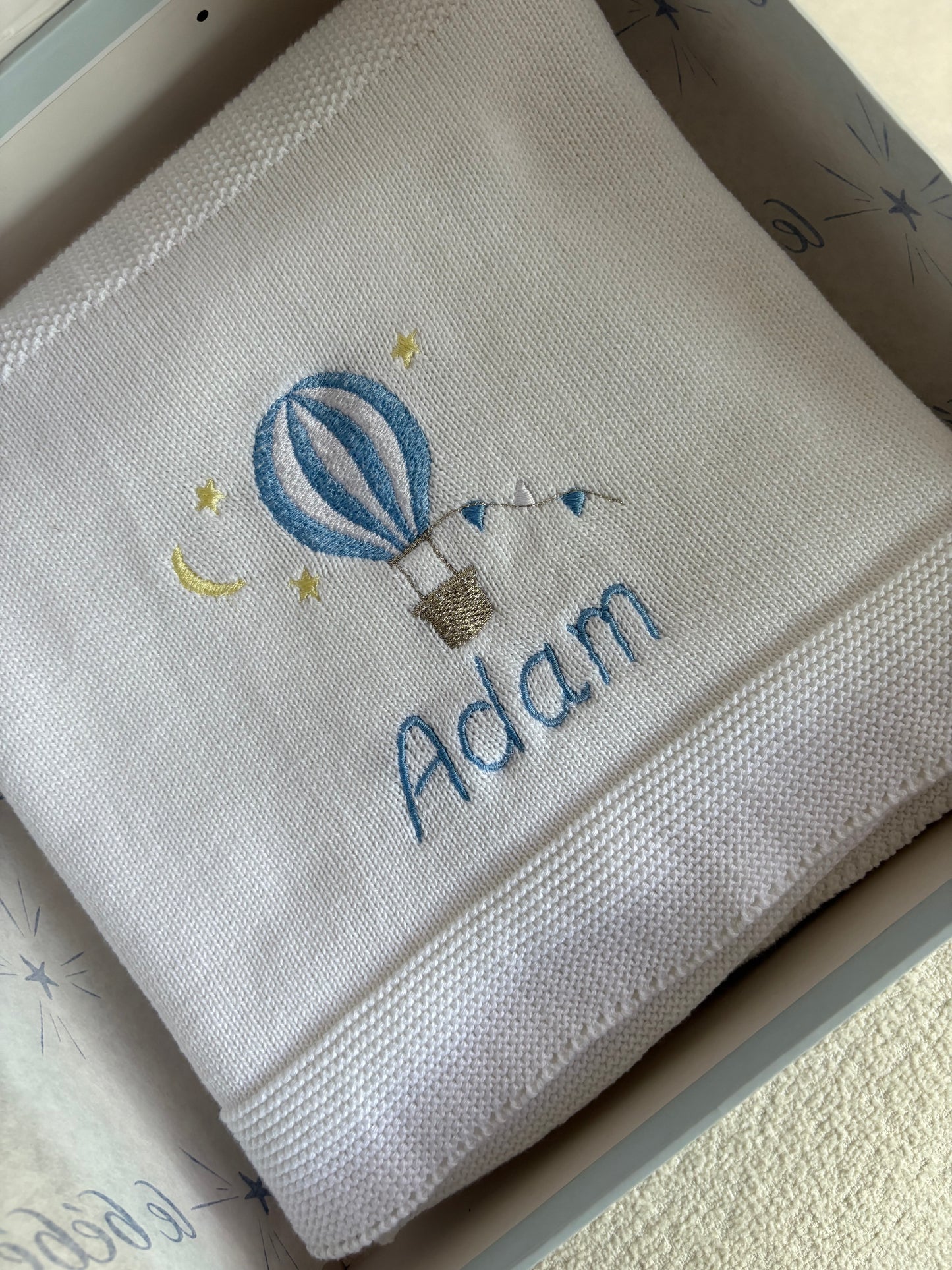 Blue Hot Air Balloon Personalised Baby Blanket